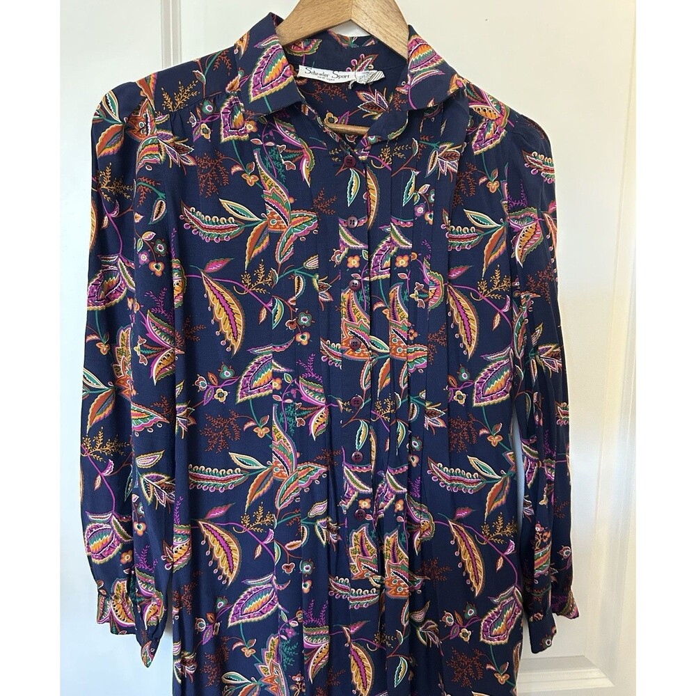 Schrader Sport NY Dress SZ 12 Button Navy Floral Boho Modest Chic Retro Vintage - Picture 3 of 11
